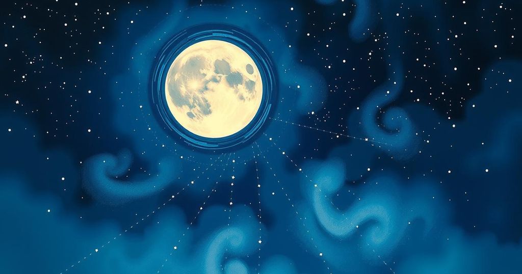 A celestial scene featuring a waxing gibbous Moon with starry background, evoking cosmic analysis and introspection.