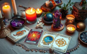 A captivating tarot card deck surrounded by crystals, candles, and astrological symbols on a wooden table.