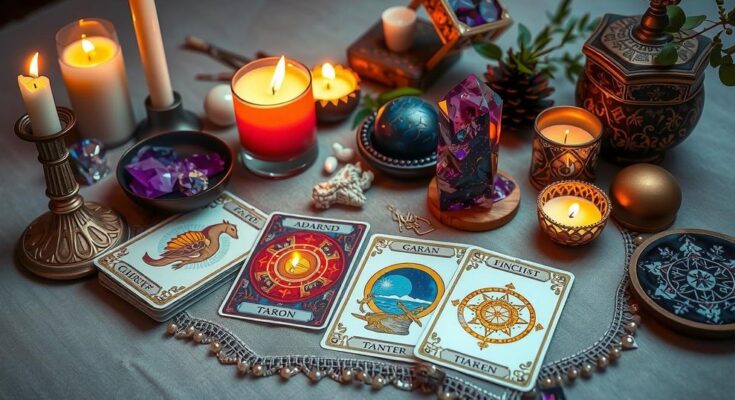 A captivating tarot card deck surrounded by crystals, candles, and astrological symbols on a wooden table.