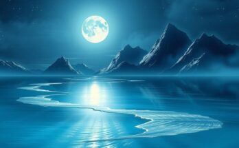 A tranquil scene of a serene sea under a full moon with distant mountains, evoking a sense of exploration and adventure.