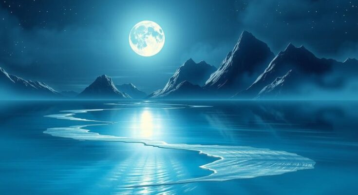 A tranquil scene of a serene sea under a full moon with distant mountains, evoking a sense of exploration and adventure.