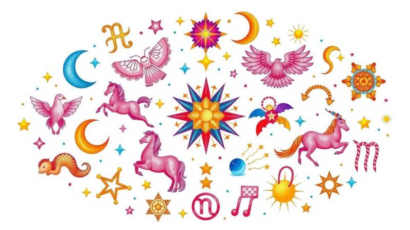 Astrological symbols and zodiac signs in vibrant colors representing daily horoscopes and cosmic guidance.
