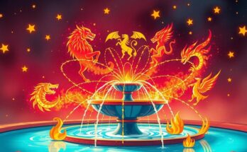 Зодиакальные знаки с яркими элементами огня в волшебном фонтане энергии и достижений.