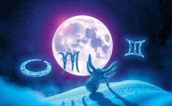 Astrological symbols and a full moon backdrop with a cosmic theme and vibrant blues and purples.