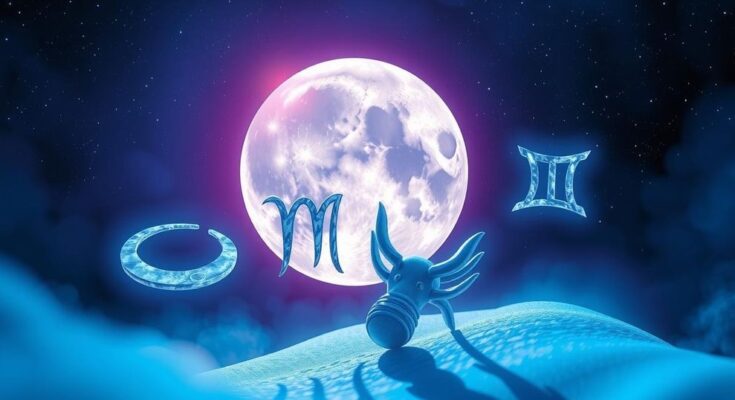 Astrological symbols and a full moon backdrop with a cosmic theme and vibrant blues and purples.