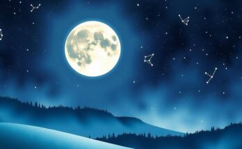 Illustration of a night sky with a large full moon in Scorpio, surrounded by constellations in deep blue and violet hues.