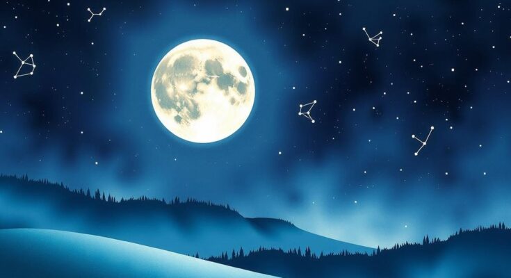 Illustration of a night sky with a large full moon in Scorpio, surrounded by constellations in deep blue and violet hues.