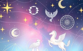 A dreamy cosmic scene with stars and symbols representing the zodiac signs in a pastel color scheme.