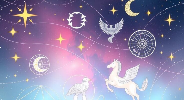A dreamy cosmic scene with stars and symbols representing the zodiac signs in a pastel color scheme.