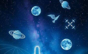 Starry night with planet symbols to represent love horoscopes and astrology insights for transformation.