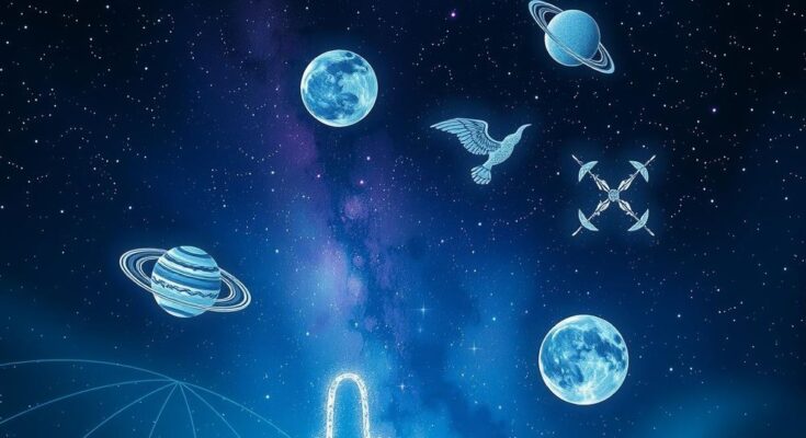 Starry night with planet symbols to represent love horoscopes and astrology insights for transformation.