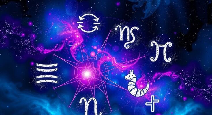 Zodiac symbols with cosmic elements, stars, and vibrant colors representing astrological insights for daily horoscopes.