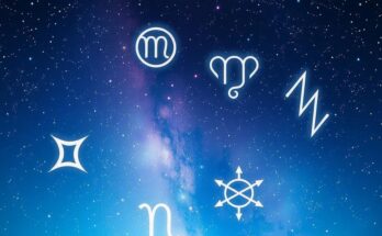 Starry night sky with celestial bodies and zodiac symbols representing horoscopes for the week.