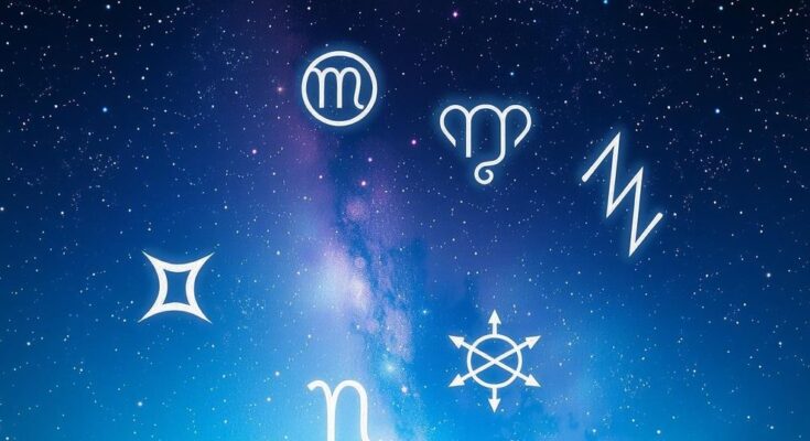 Starry night sky with celestial bodies and zodiac symbols representing horoscopes for the week.