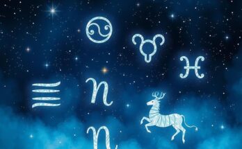 Zodiac symbol constellation with a starry night background and soft glowing colors representing relationship energy.