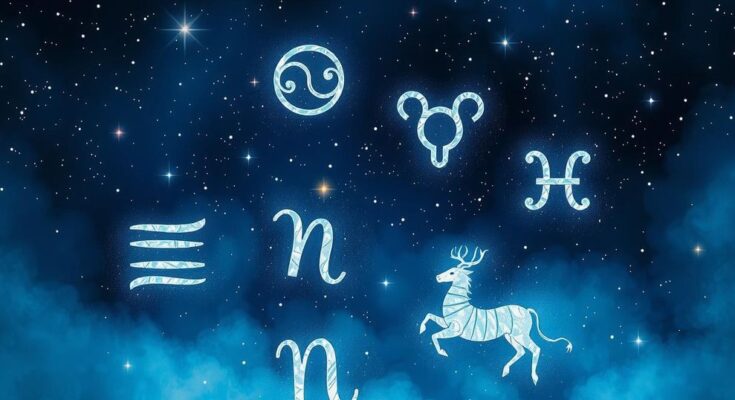 Zodiac symbol constellation with a starry night background and soft glowing colors representing relationship energy.