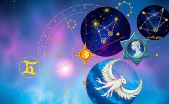 Celestial elements with zodiac signs and constellations in a dreamy gradient of blue, purple, and gold hues.