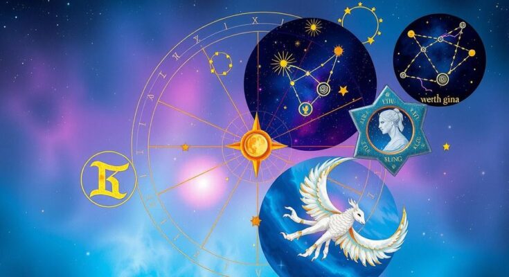 Celestial elements with zodiac signs and constellations in a dreamy gradient of blue, purple, and gold hues.