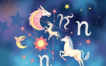 A digital illustration of astrological symbols and zodiac signs against a cosmic background with pastel colors.