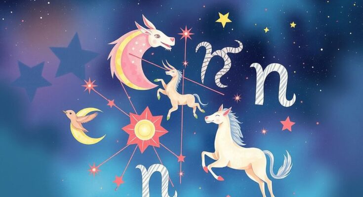A digital illustration of astrological symbols and zodiac signs against a cosmic background with pastel colors.