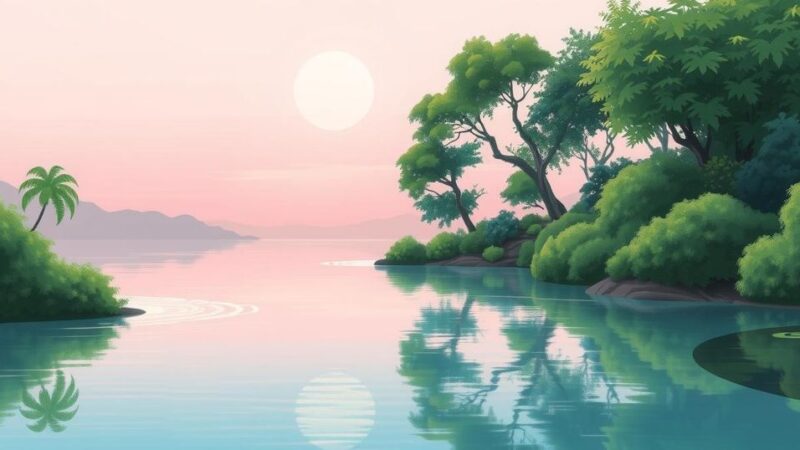 A serene scene featuring a calm body of water reflecting a pastel pink sky, symbolizing emotional clarity and balance.