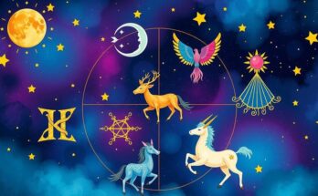 A colorful zodiac-themed illustration featuring various astrological symbols and a vibrant celestial background.