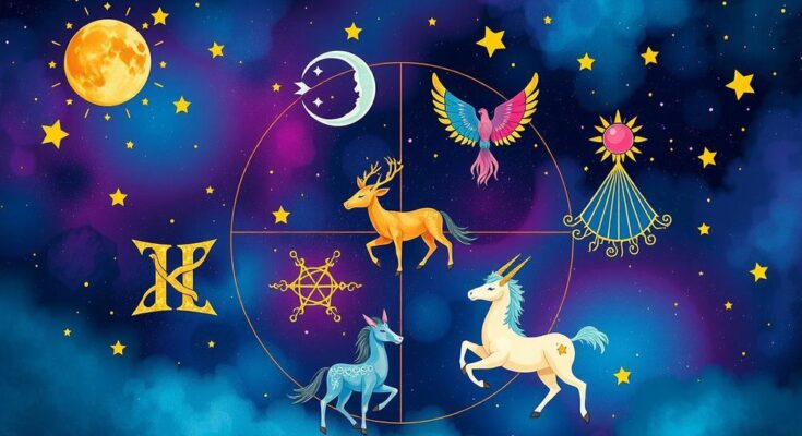 A colorful zodiac-themed illustration featuring various astrological symbols and a vibrant celestial background.