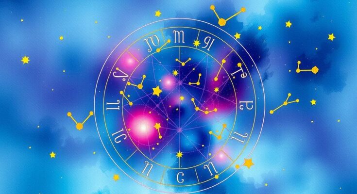 Colorful zodiac constellation illustrations representing weekly horoscope forecasts for all signs.