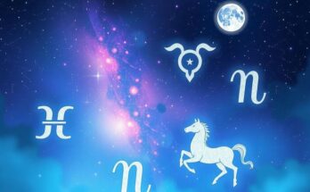 Astrological symbols representing zodiac signs against a night sky filled with stars and a glowing moon.