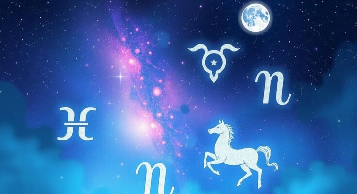 Astrological symbols representing zodiac signs against a night sky filled with stars and a glowing moon.