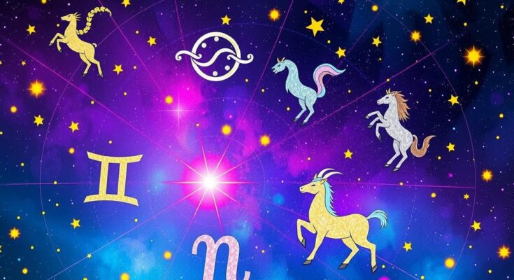 Astrological symbols and zodiac signs in a celestial design with vibrant colors symbolizing horoscopes.
