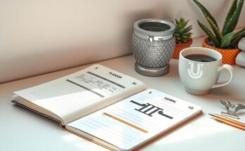 A serene workspace with a planner, coffee, and a silver zodiac symbol for Gemini, representing daily predictions.