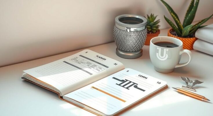 A serene workspace with a planner, coffee, and a silver zodiac symbol for Gemini, representing daily predictions.