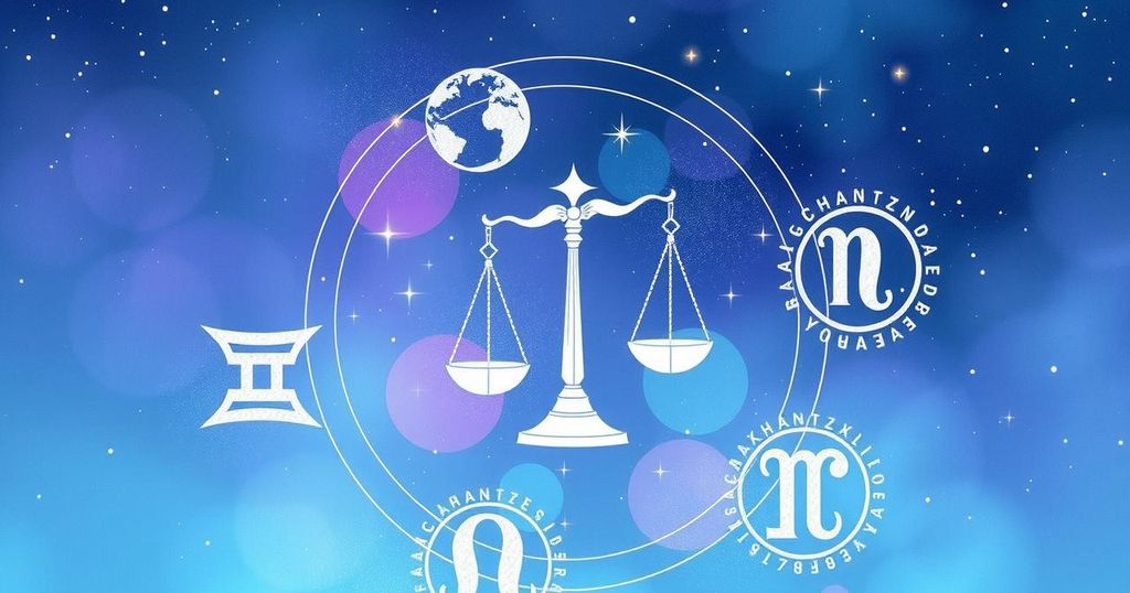 A cosmic design featuring Libra constellation, astrological symbols, and a soft blue and purple color scheme.