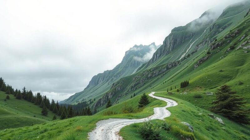 A serene landscape showcasing a tranquil mountain scene under a grey sky with a stable path leading through nature.