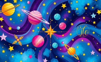 Astrological symbols representing zodiac signs and cosmic elements against a colorful celestial background.