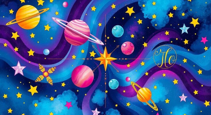 Astrological symbols representing zodiac signs and cosmic elements against a colorful celestial background.