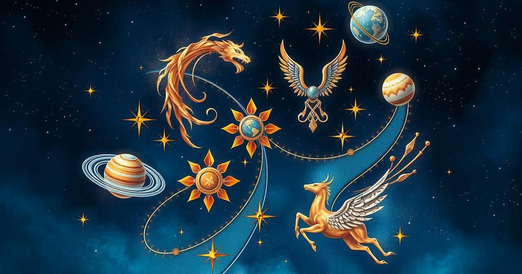 Astrological symbols and colorful zodiac signs in a celestial night sky, showcasing cosmic elements and star patterns.