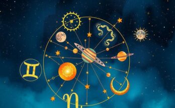 A vibrant astrological collage featuring constellations, zodiac symbols, and celestial elements in shades of blue and gold.