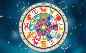 A colorful horoscope wheel representing zodiac signs and astrological predictions for the week.