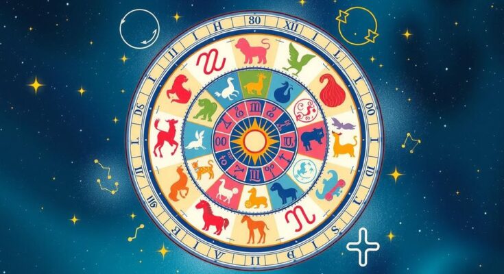 A colorful horoscope wheel representing zodiac signs and astrological predictions for the week.
