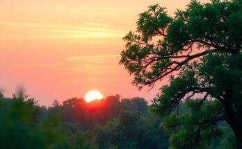 A serene landscape featuring a sunrise over a forest, symbolizing new beginnings and personal growth.