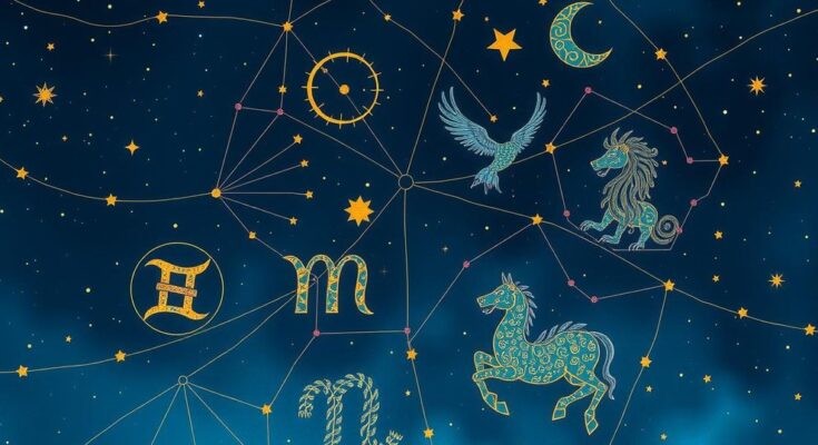 Celestial theme of the zodiac with stars and constellations in a night sky, artistic style botanical illustration.