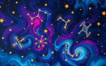 Astrological predictions for all zodiac signs on a colorful celestial background with stars and constellations.