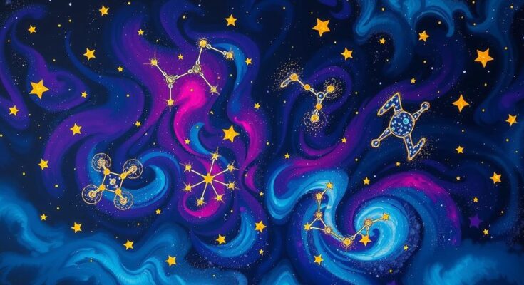 Astrological predictions for all zodiac signs on a colorful celestial background with stars and constellations.