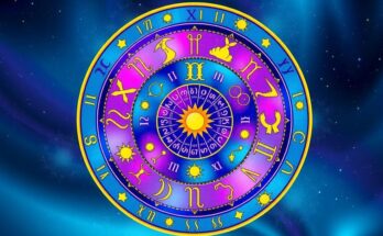 A colorful zodiac wheel displaying signs with stars and constellations, featuring a cosmic, vibrant theme.