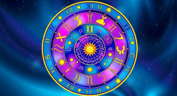 A colorful zodiac wheel displaying signs with stars and constellations, featuring a cosmic, vibrant theme.