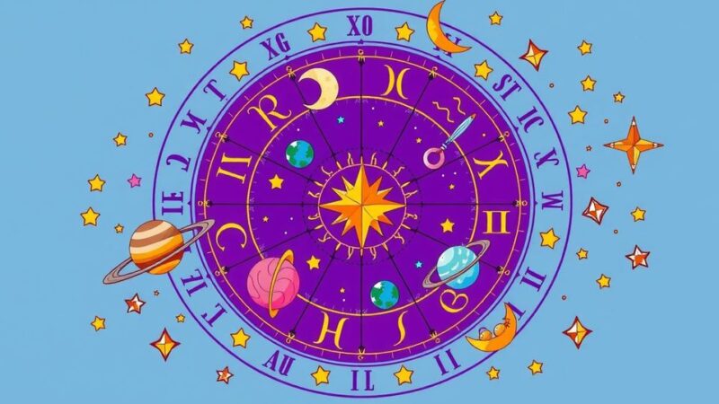 A vibrant astrological chart depicting zodiac signs and celestial bodies in a colorful design.