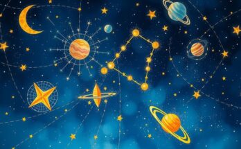 Celestial theme with Aries constellation and vibrant celestial bodies, showcasing energy and inspiration.