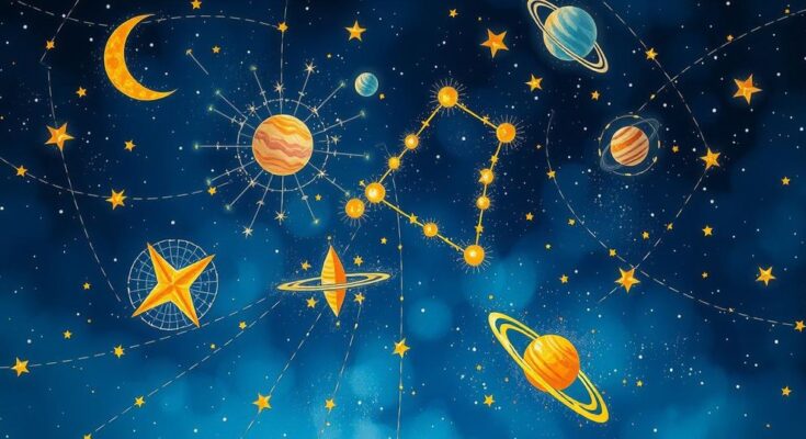 Celestial theme with Aries constellation and vibrant celestial bodies, showcasing energy and inspiration.